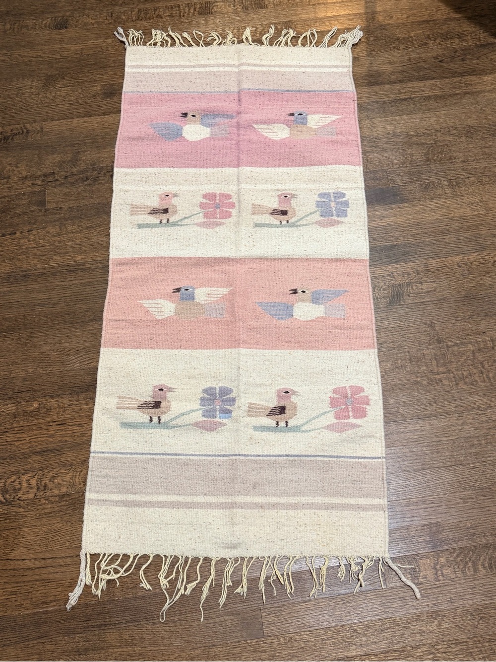 Vintage Birds Woven Carpet Wall Hanging Tapestry Rug Fringe MCM Flower 56”x26.5”